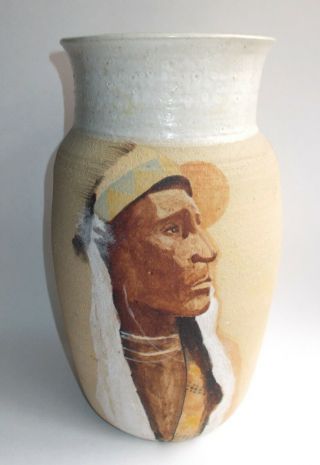 Vintage Hand Thrown Pot W Painted Native American Face - One Of A Knd - 11.  25 " Tall