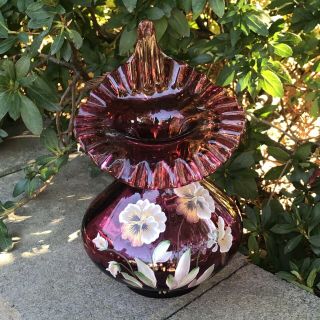 Fenton Hand Painted Pansy Country Cranberry Glass Ruffled Trumpet Vase
