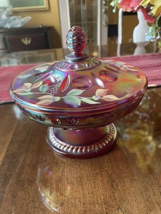 Fenton Rose Glass Hand Painted Retired Candy Dish With Lid