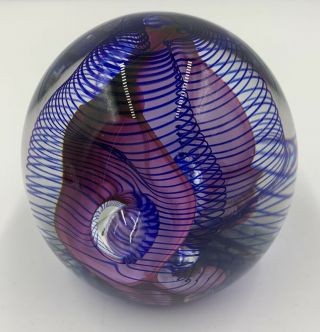 Hal David Berger Signed Studio Art Glass Paperweight 1995 Purple Blue Ribbon