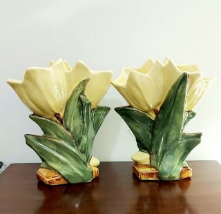 (2) Vintage Mccoy Pottery Double Tulip Bright Yellow Flower Vase Planter D10