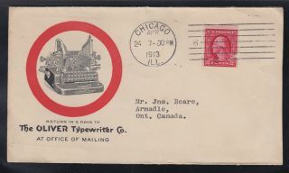 United States 1913 Oliver Typewriter Advertising Cover Chicago Armadale Canada