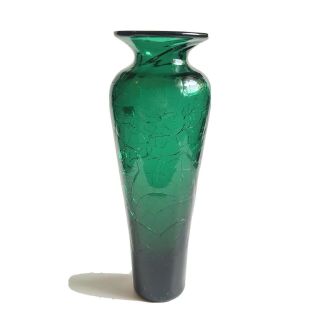 Blenko 10” Crackle Glass Emerald Green 8310s Aka Chinese Vase Handcraft Special