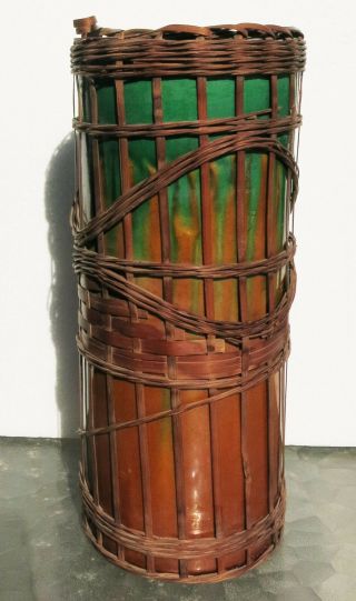 Green - Gold Awaji Pottery Japan 8 3/4 " Cylinder Vase W Bamboo Wrap