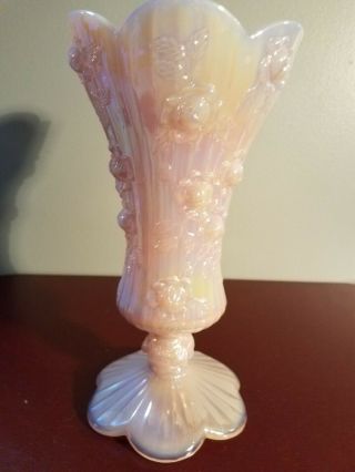 Fenton Pink Iridescent Cabbage Rose Vase Scalloped Foot