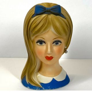 Vintage Napco Teen Girl Lady Head Vase Blue Bow Earring C8494 Napcoware Flawed