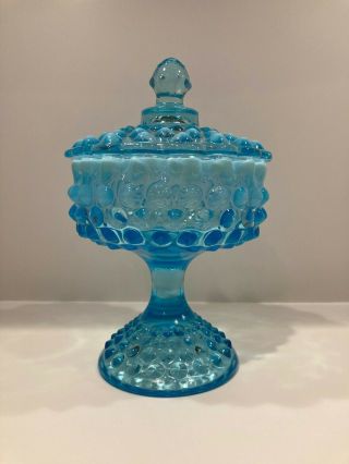 Vintage Fenton Aqua Blue Opalescent Hobnail Covered Compote Candy Dish With Lid