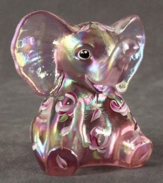 Vintage Art Glass Fenton Iridescent Decorated Sitting Pink Elephant Figurine