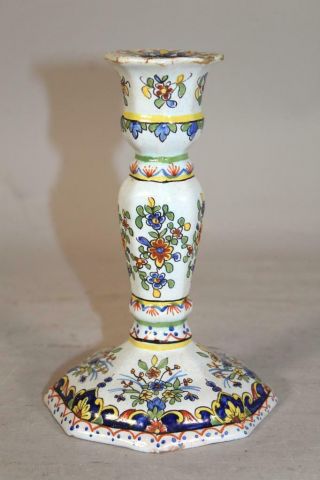 A Rare 19th C Tin Glaze Delft Faience Hand Decorated Candlestick Marked " Rouen "