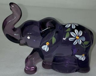 Fenton Lenox Glass Purple Walking Elephant W/hand Painted Flowers Trunk Up