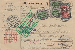 B5 Germany Paketkarte / Parcel Card Berlin Luzern 1920 / Hole