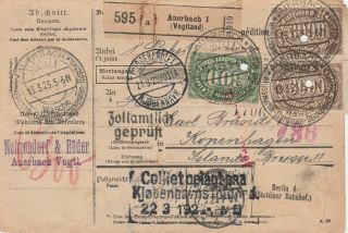 A35 Germany Paketkarte / Parcel Card 1923 Auerbach To Denmark Inflation / Holes