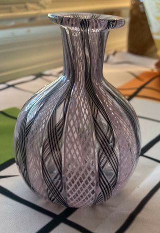 Murano Fratelli Toso Latticino Ribbons Pink & Black Vase Handblown Art Glass 4”