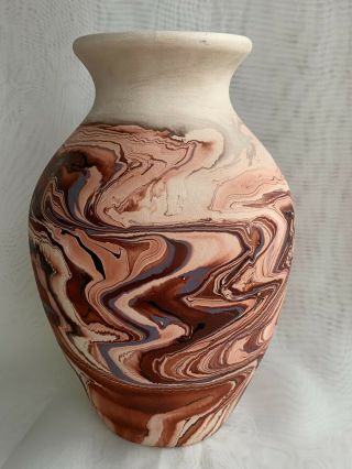 Nemadji Indian River Pottery Vase Brown & Orange Swirl Pattern On Cream 10 "