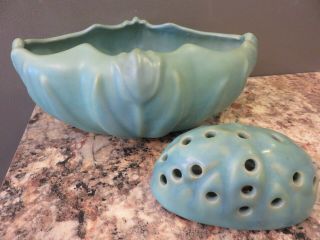 Van Briggle Art Pottery Tulip Planter Flower Frog Vase Turquoise Blue Signed