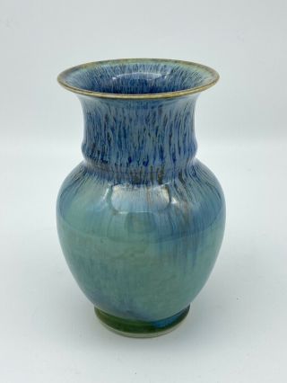 Ross Studio Art Pottery Vase Drip Glaze Blue Green Signed 2