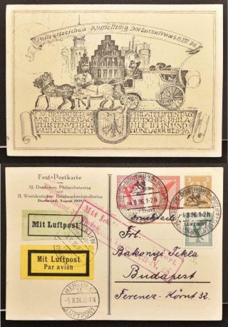 Germany To Hungary 1926 Dortmund Stamp Expo/philatelistentag Flight Airmail Card