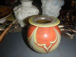 Art Glass Iridescent Orange Etc Rick Strini Sphere Vase Signed 4.  50 Tall