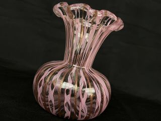 Murano Fratelli Toso Latticino Ribbons Gold & Pink Vase Handblown Art Glass