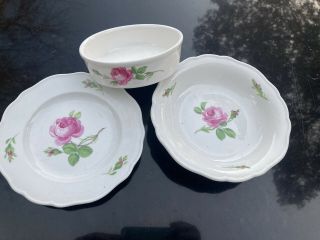 Set Of 3 Meissen Pink Rose Bread Plate,  Bowl And Shallow Soufflé Bowl All Exc