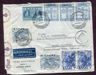 Greece 1940 Ww2 German Censored Airmail Cover Athens To Budweis Bohemia Moravia