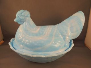 Fenton Blue White Slag Glass Large Hen On Nest Covered Dish