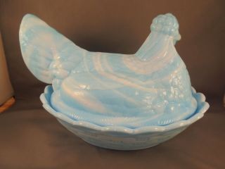 Fenton Blue White Slag Glass Large Hen on Nest Covered Dish 2