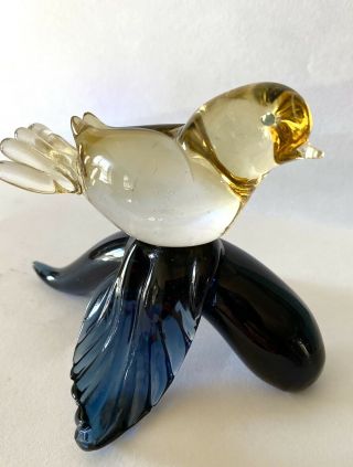 Adorable Murano Glass Bird Figurine,  Yellow And Amethyst Glass.  3 3/4 " High.