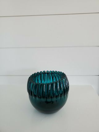 Mid Century Modern Blenko TEAL Art Glass Crimped Rose Bowl Vase 2