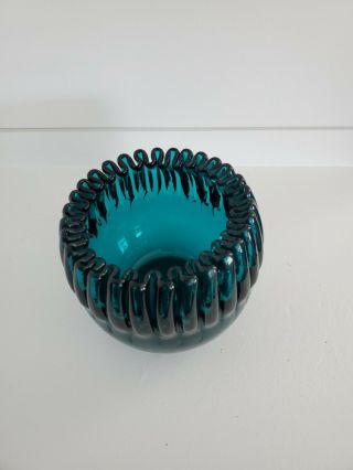 Mid Century Modern Blenko TEAL Art Glass Crimped Rose Bowl Vase 3