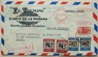 Colombia 1940 Meter Mark Airmail Cover With Stamps Added 2 Months Later France