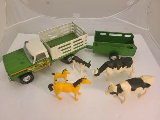 Vintage Nylint Farms Pressed Steel Green Truck & Trailer With Horses And Cows