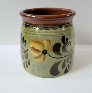 Eldreth Redware Pottery Hand Painted Floral Crock Vase Green With Yellow Flowers