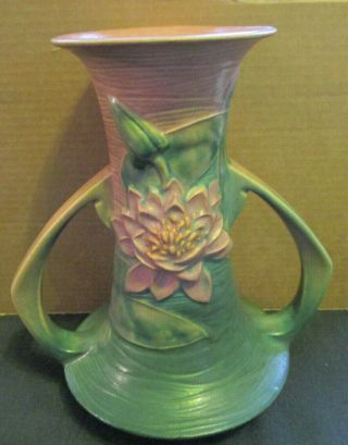 Roseville Art Pottery Green Water Lily 80 - 10 " Two Handled Vase C1940