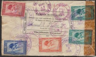 1944 Costa Rica Official Seal Censored Registered Commercial Cover To California