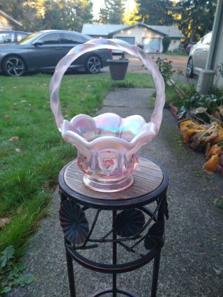 Fenton Champagne Pink Carnival Glass Opalescent Hand Painted Floral Basket
