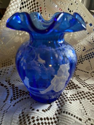 Fenton Art Glass Mary Gregory Cobalt Blue Vase Girl Cat Bird Dreaming Euc