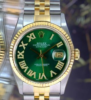 Rolex Mens Datejust Two - Tone Green Roman 16233 Dial 18k Fluted Bezel 36mm Watch