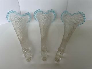 Vtg.  Fenton Art Glass 3 Light Blue Opalescent Hobnail Lily Horns For Epergne Euc
