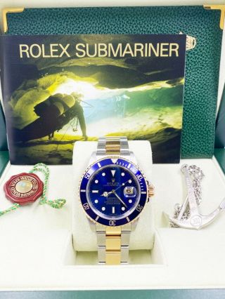 Rolex 16613 Blue Dial Submariner 18k Yellow Gold Stainless Steel Box Booklets