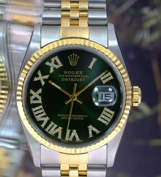 Rolex Mens Datejust Two - Tone Green Dial 16233 Dial 18k Fluted Bezel 36mm Watch