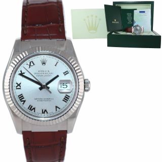 Papers Rolex Datejust 116139 18k White Gold Rhodium Roman Leather Watch Box