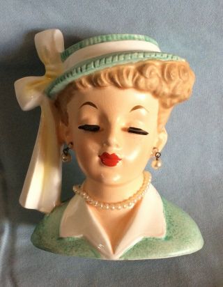 Small Vintage 1958 Lucille Ball Head Vase Napco C3342a Green Dress & Hat