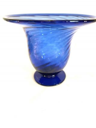 Vintage Hand Blown Glass Cobalt Blue Vase Optic Swirl Pontil Mark Large 9in
