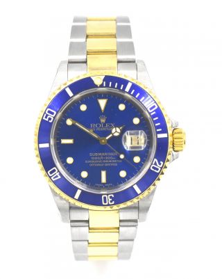 Vintage Rolex Submariner 16613 Wristwatch Blue Dial 18k Gold Ss Box Papers C1999