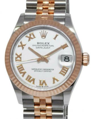 Nos Rolex Datejust 31 18k Rose Gold/steel White Roman Ladies Watch Bp 