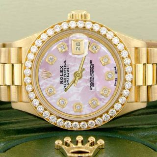 Rolex President Datejust Ladies 26mm Diamond Bezel/pink Mop Dial Gold Watch