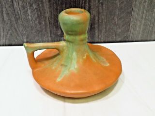 Muncie Art Pottery Candlestick Chamber Stick Matte Green Drip Over Pumpkin