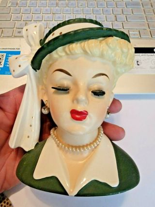 Vintage Napco Lucy Lucille Ball 1961 Lady Head Vase Planter C2633b Green Hat