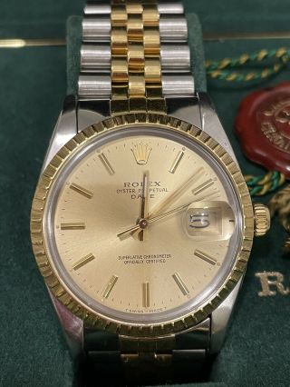 Rolex Oyster Date 15053 18k Yellow Gold Watch 34mm Cir 1985 Complete Set Rare